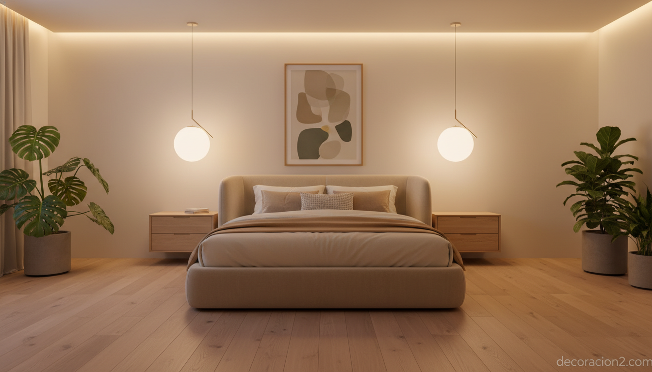 Dormitorio contemporáneo inspirado en el diseño futurista con cabecero envolvente