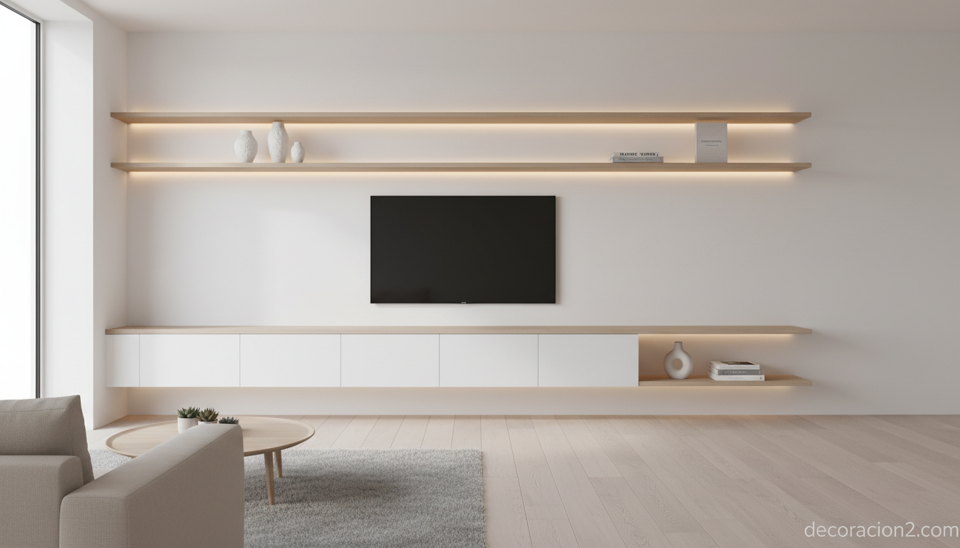 Mueble de televisión flotante minimalista con estanterías suspendidas en salón nórdico