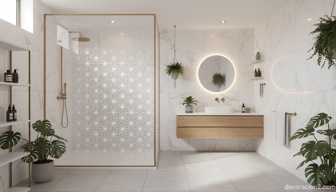 Vinilos para cristales: guía completa para decorar ventanas con motivos naturales 2 Vinilos translúcidos tipo cristal esmerilado en mampara de ducha de baño moderno