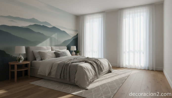 Cabecero personalizado con fotografía de paisaje en dormitorio moderno