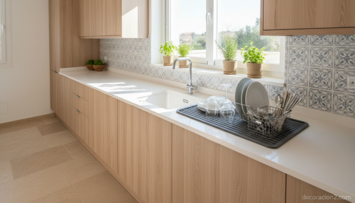 Escurreplatos plegable colocado sobre el fregadero en cocina moderna luminosa