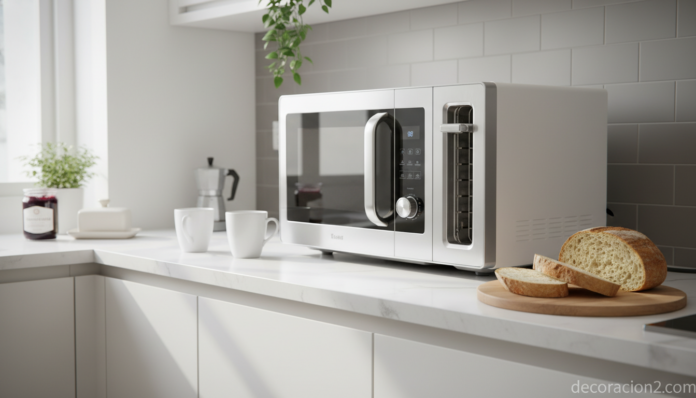 Microondas con tostador integrado 2 en 1 en una cocina moderna compacta