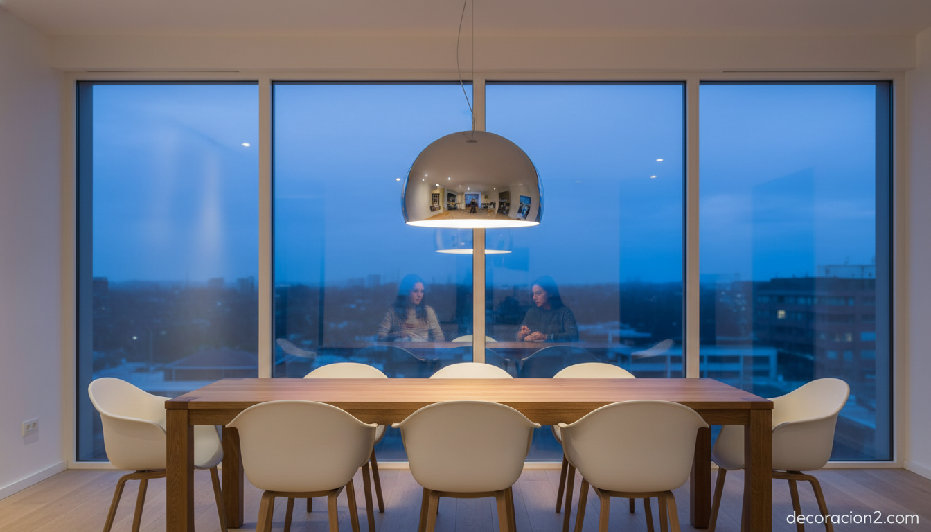 Lámpara de suspensión con pantalla espejada sobre la mesa de un comedor moderno