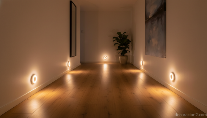 Luces LED activadas por sonido iluminando un pasillo de casa