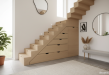 Zapatero bajo la escalera con cajones de madera integrados en los peldaños