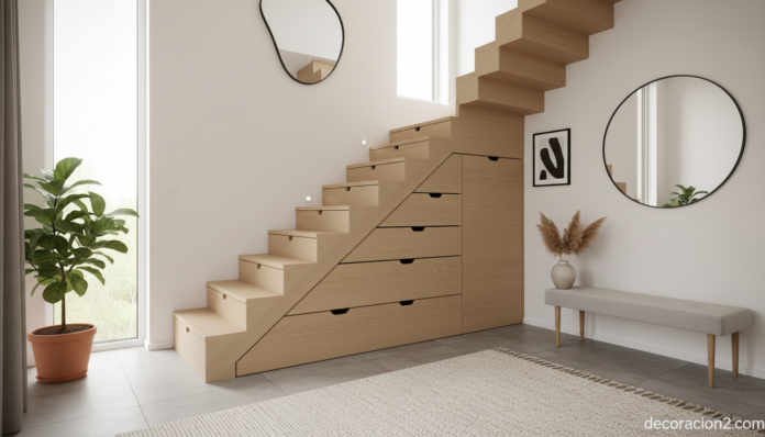 Zapatero bajo la escalera con cajones de madera integrados en los peldaños