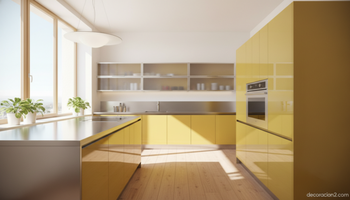 Modern Italian designer kitchen in bright sunny yellow lacquer with glass cabinet doors framed by brushed aluminum, sleek ... Cocina amarilla de diseño Valcucine Artematica Vitrum con frentes de cristal y marco de aluminio