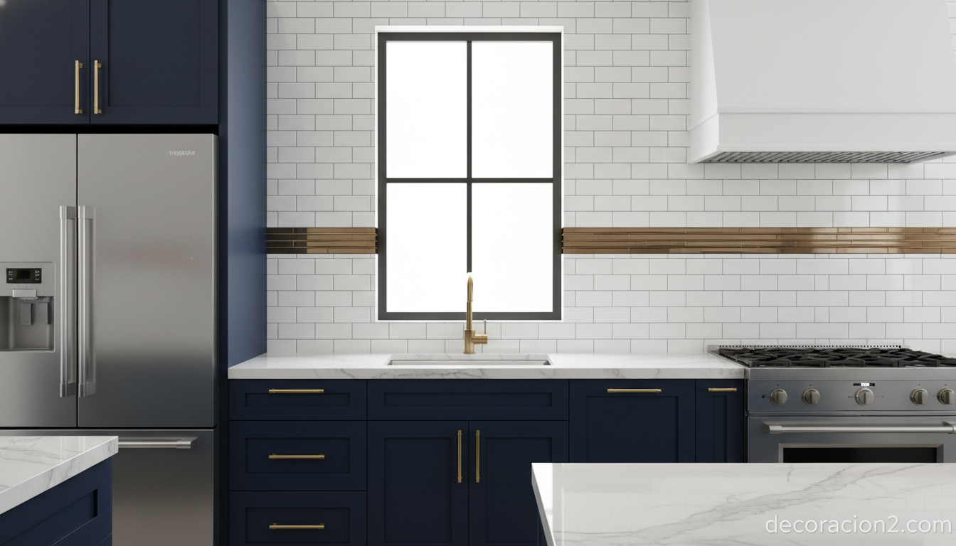 Cocina moderna con frente de encimera y cenefa de azulejos con bronce sobre muebles azul marino