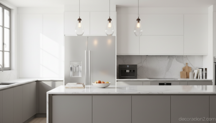 Cocina moderna con frigorífico French Door de acero inoxidable