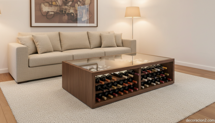 Mesa de café botellero de madera y cristal con botellas de vino en salón moderno
