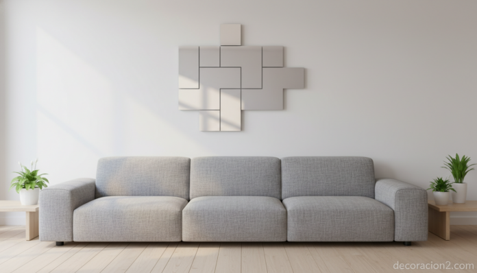 Espejo Tetris modular en pared de salón moderno acabado plata