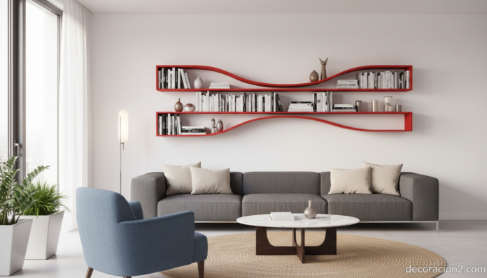 Estantería Bookworm Kartell roja ondulada en salón moderno