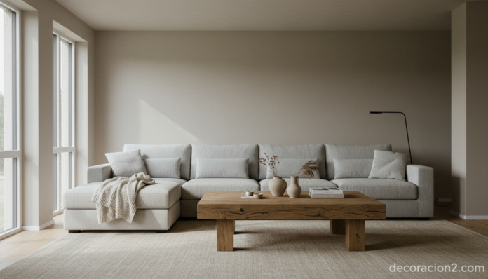 Salón con muebles modernos con toque rústico en madera de roble y tonos neutros