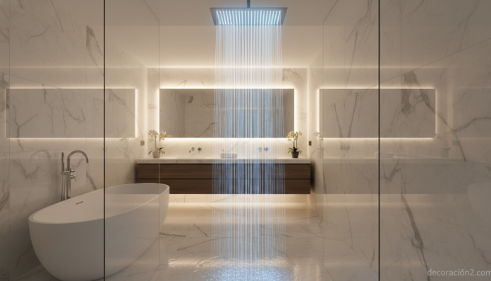 Modern luxury bathroom interior with a sleek chrome shower head emitting a soft blue LED glow on flowing water, marble wal... Luces LED para ducha en cabezal cromado moderno con luz azul