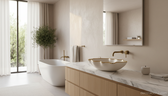 Nuevo diseño para baños de Varm con lavabo escultórico de cerámica y remate dorado
