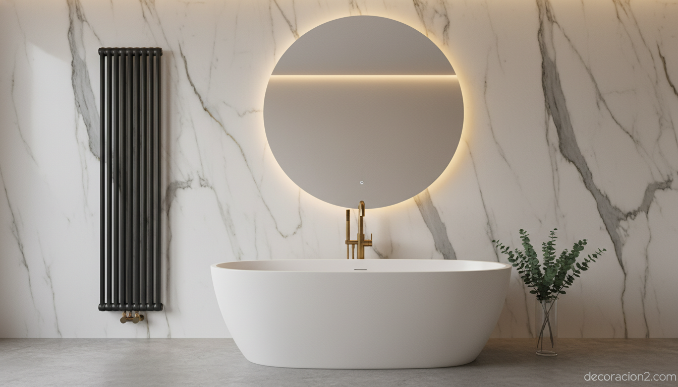 Radiador de diseño negro mate en baño moderno con mármol y grifería dorada