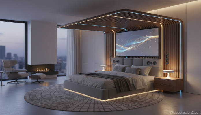 Cama multimedia con dosel tecnológico y pantalla integrada en dormitorio moderno