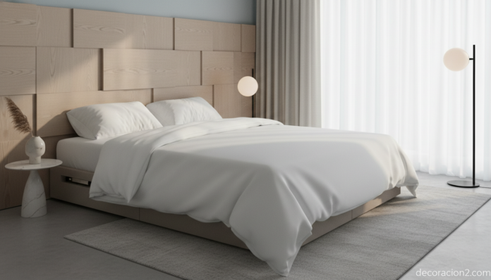 Dormitorio moderno con cama que se hace sola y luz natural matinal