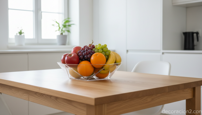 Frutero de diseño acrílico con frutas frescas sobre mesa de comedor moderna