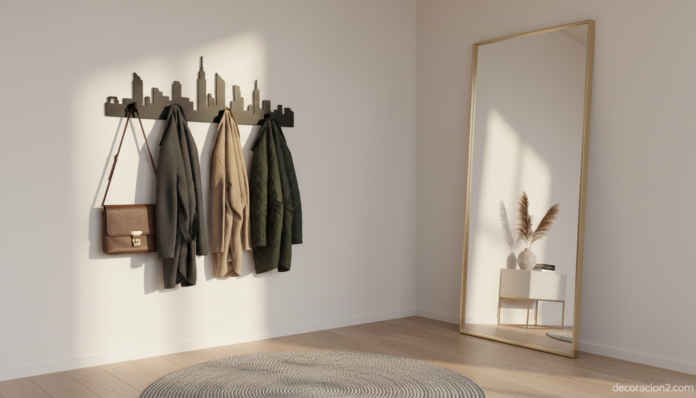 Modern minimalist entryway hallway featuring a wall-mounted decorative coat rack shaped like a New York skyscraper silhoue... Recibidor moderno con perchero de pared original con silueta de rascacielos