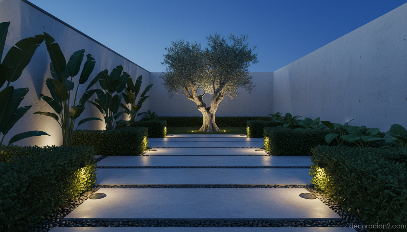 Iluminación de diseño para jardín: guía para crear ambientes mágicos al aire libre 2 Camino de jardín iluminado con balizas LED solares y luz de acento en árbol