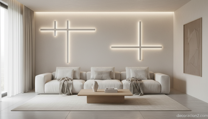 Lámparas modulares Puraluce iluminando un salón minimalista contemporáneo
