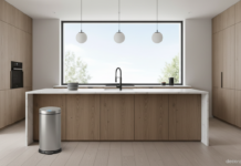 Cubo de basura de acero inoxidable con sensor en cocina moderna nórdica