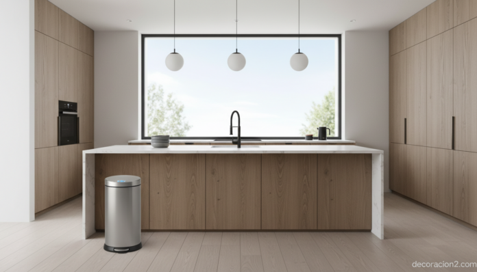 Cubo de basura de acero inoxidable con sensor en cocina moderna nórdica