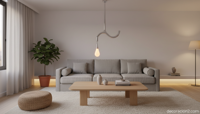 Lámpara Gota de Luz LED de diseño iluminando un salón minimalista contemporáneo