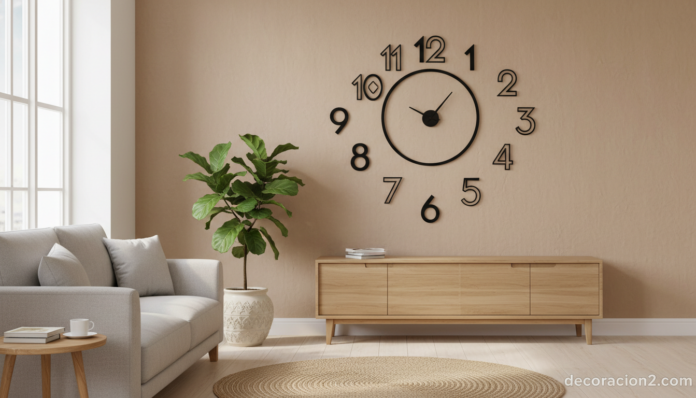 Reloj de pared moderno de diseño en salón minimalista