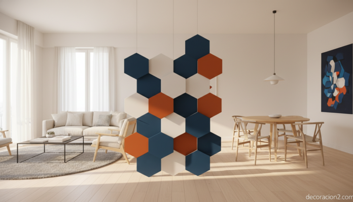 Separador de ambientes Joyn Original de Design Code en un salón moderno con piezas hexagonales de colores