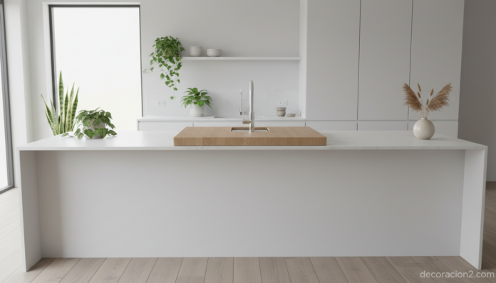 Fregadero que desaparece bajo encimera con tabla de cortar de madera en cocina moderna