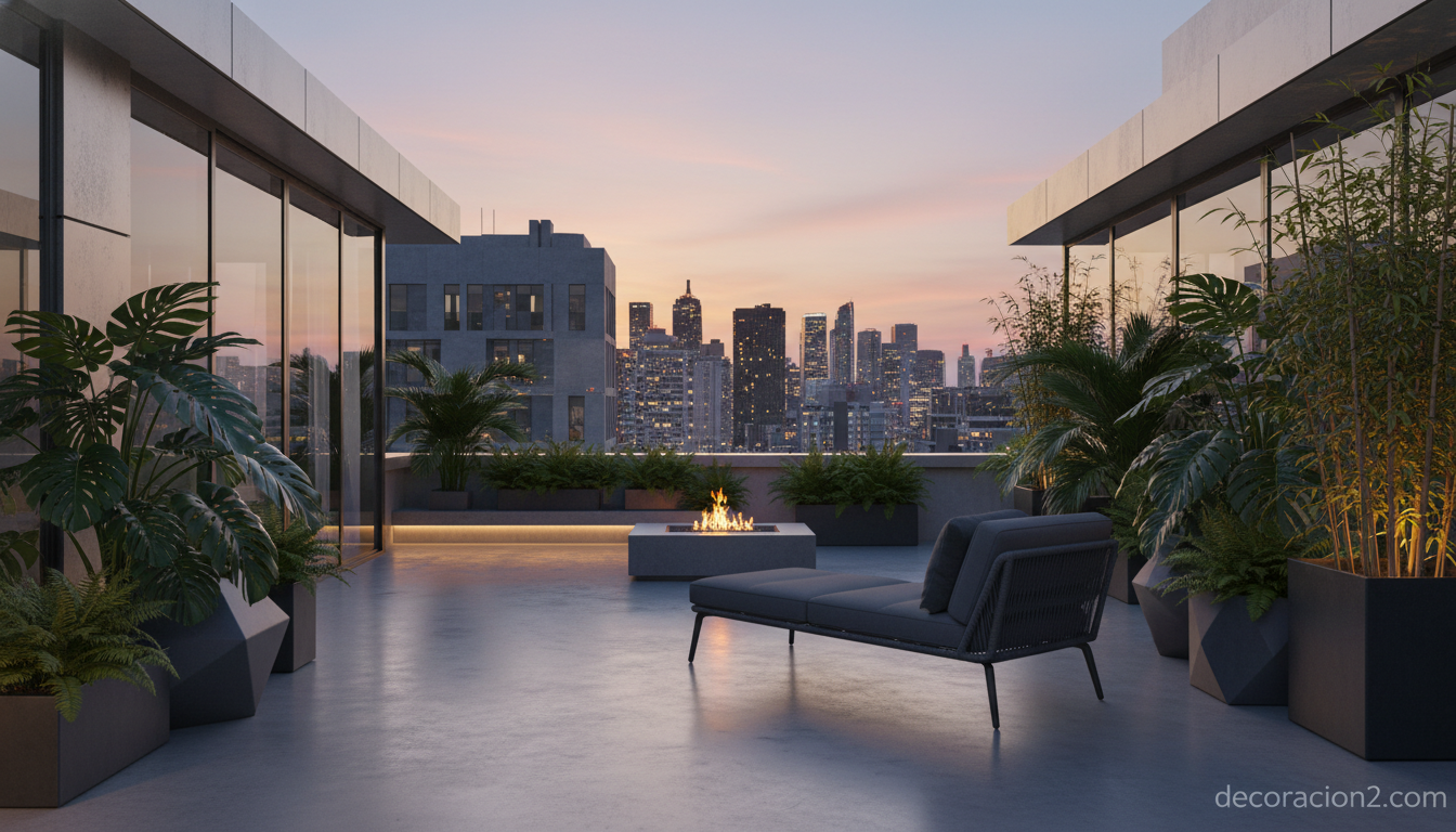 Terraza urbana minimalista con muebles de exterior de mimbre sintético gris antracita