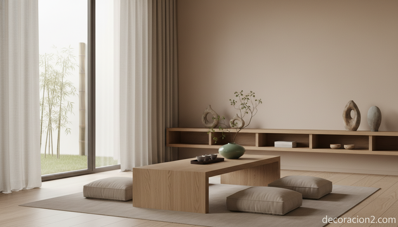 Estantería minimalista y mesa baja de estilo zen contemporáneo en salón con inspiración asiática