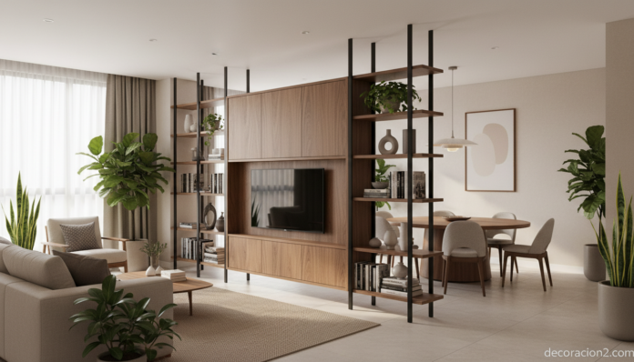 Mueble de televisión con estantería separando salón y comedor en piso moderno