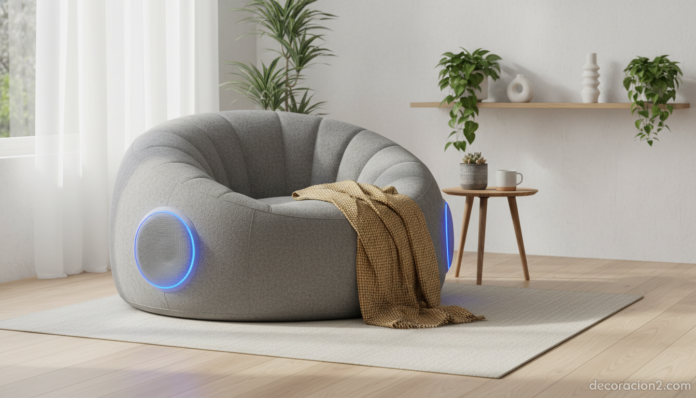 Puff con altavoces incorporados en salón moderno y acogedor