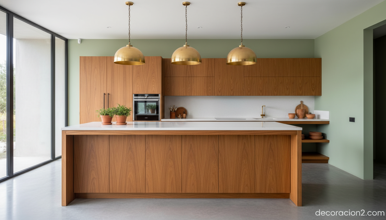 Cocina rústico-moderna con isla de madera maciza y encimera de cuarzo blanco