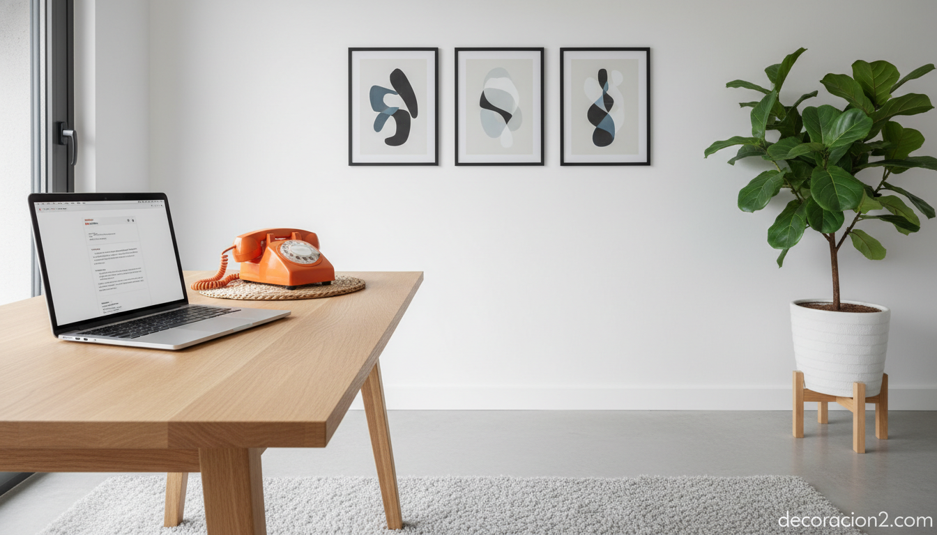 Teléfono retro: cómo recuperar el encanto del clásico de ruleta en la decoración actual 2 Teléfono Scanditelephone naranja en escritorio nórdico moderno con portátil