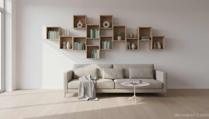 Estantería modular Skew Bookchase asimétrica en salón nórdico
