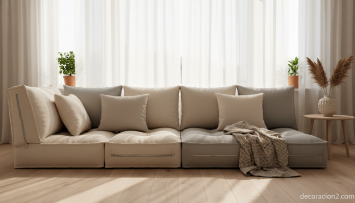 Cama de cojines modulares en salón nórdico con luz natural