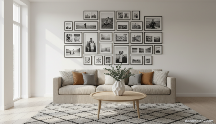 Mural gigante de fotografías en salón nórdico con pared blanca