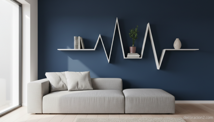 Estantería Plusline con forma de electrocardiograma en salón nórdico moderno