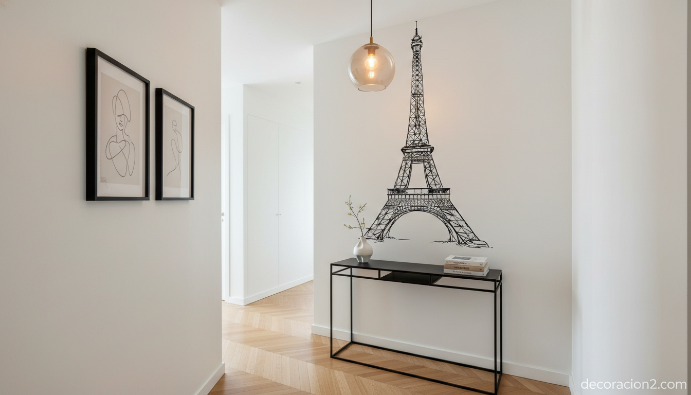 Pasillo decorado con vinilo de la torre Eiffel estilo ilustrado