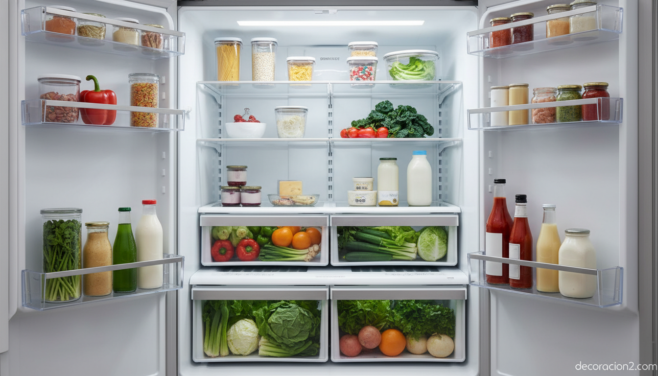 Interior de un frigorífico French Door con compartimentos organizados