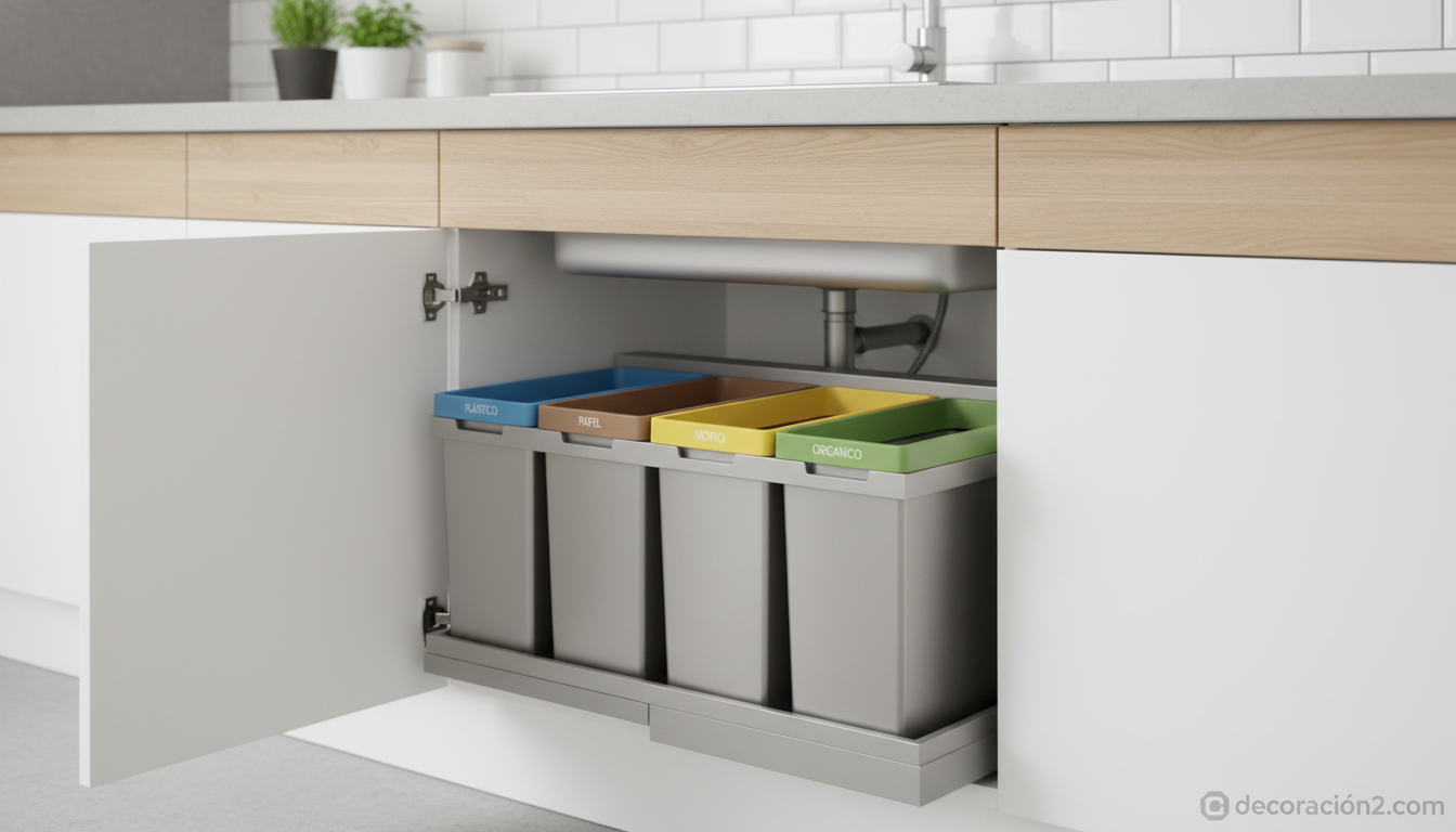 Sistema de cubos de reciclaje integrados bajo el fregadero de la cocina