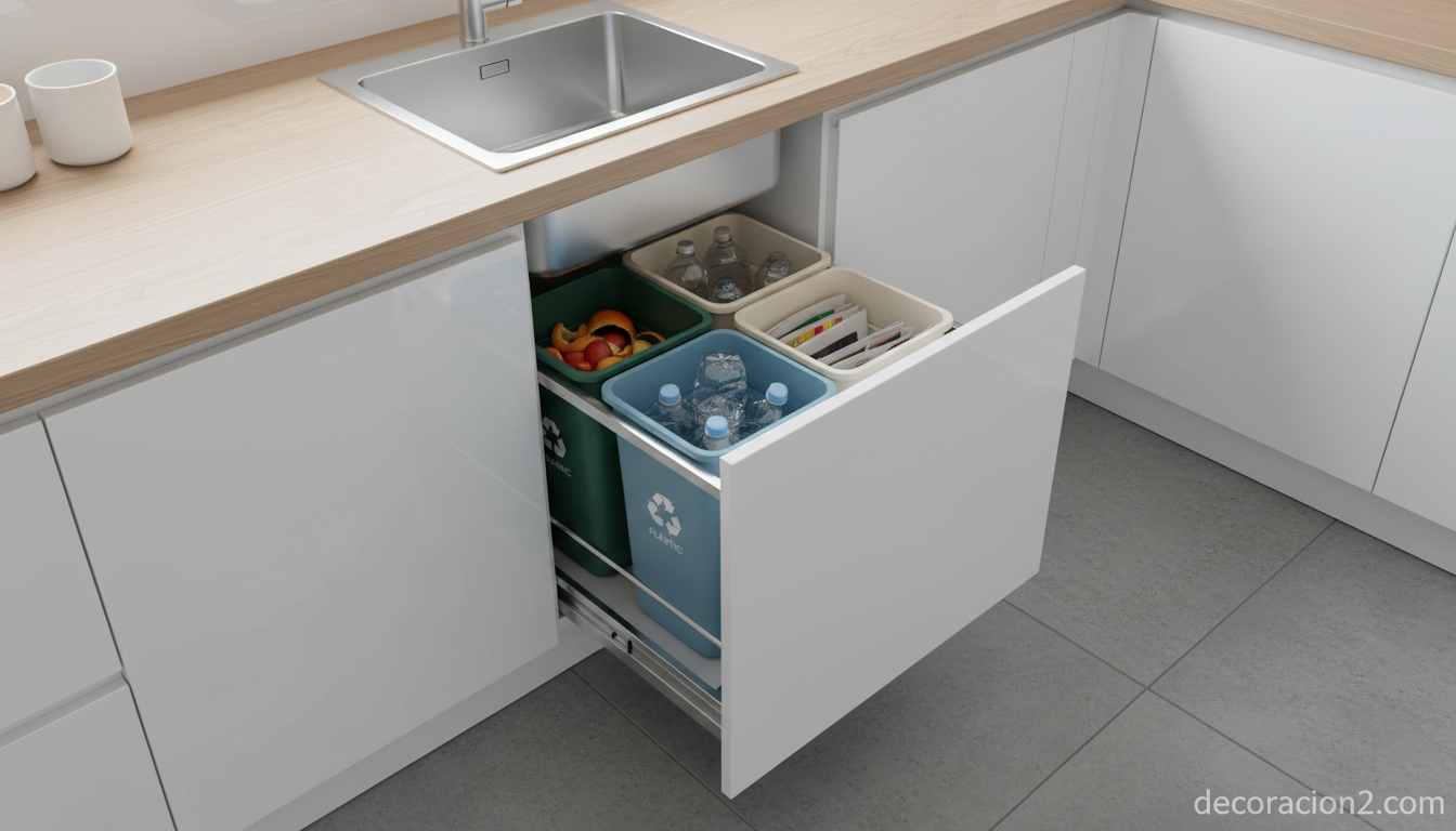 Sistema de cubos extraíbles para reciclaje bajo fregadero con tres compartimentos
