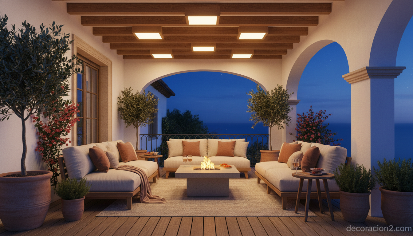 Terraza cubierta con lámparas modulares de exterior al atardecer