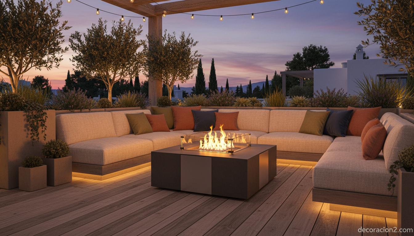 Mesa con fuego de bioetanol en terraza exterior al atardecer