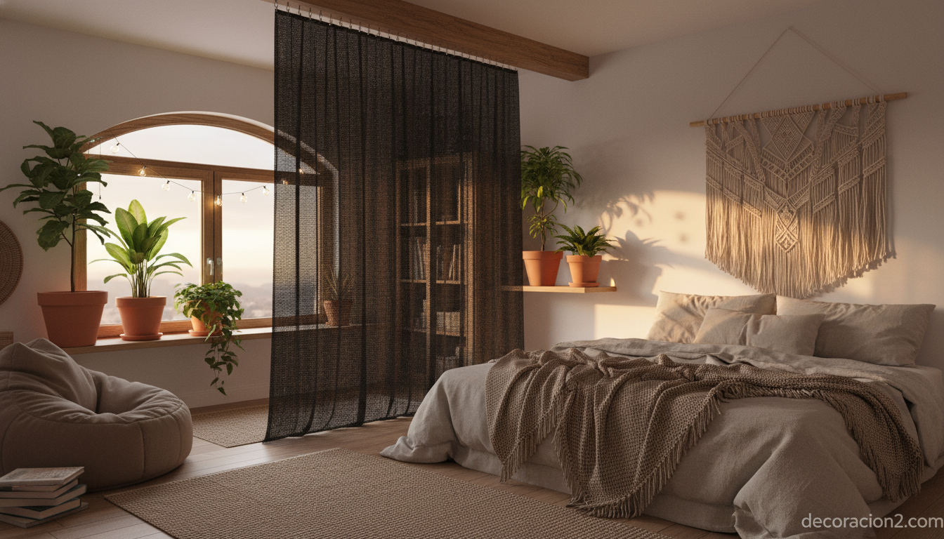 Dormitorio boho con cortina de bambú separadora del vestidor