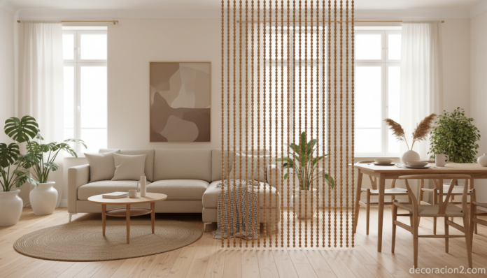 Cortina de bambú para separar espacios en salón nórdico luminoso